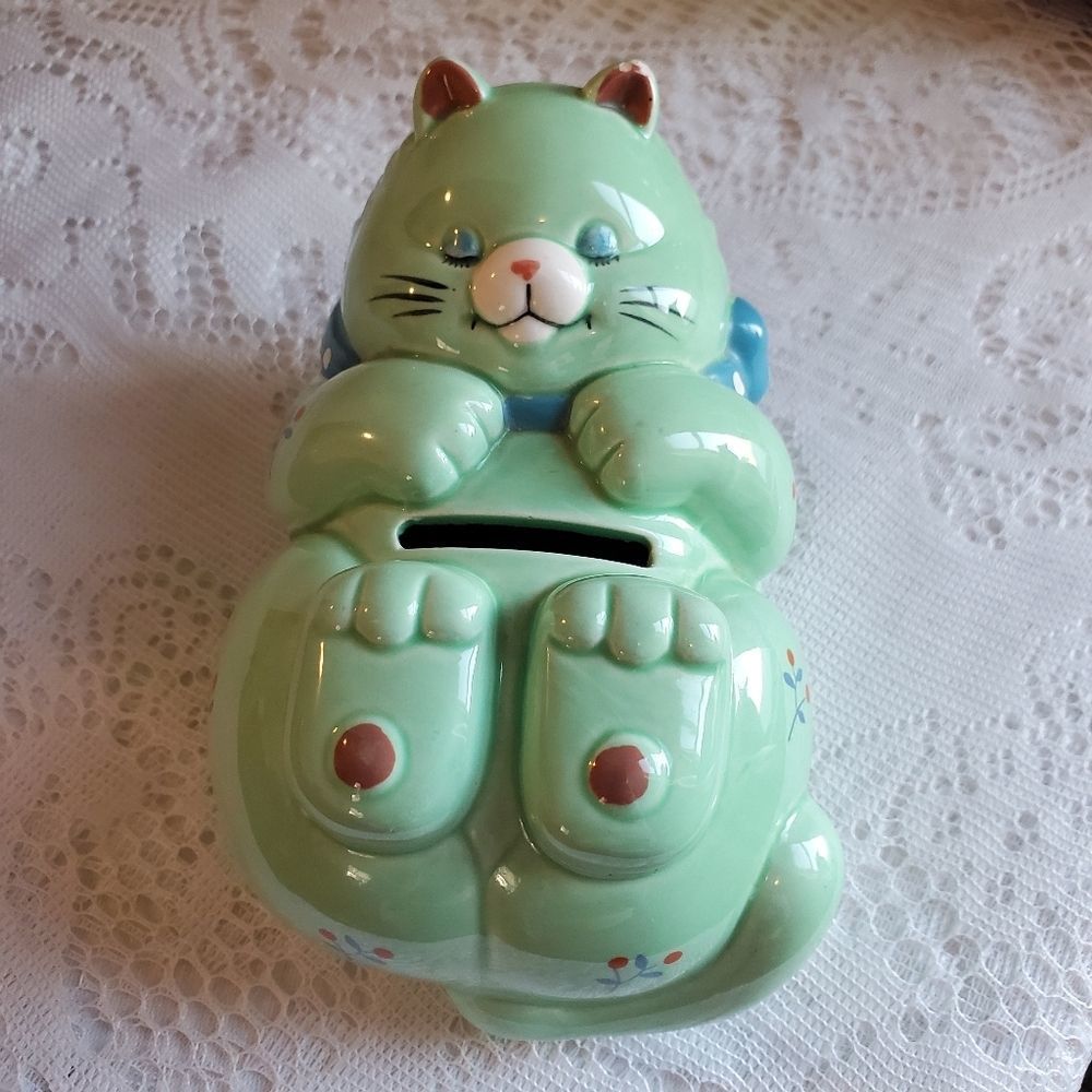 Whimsical Sleeping Cat Porcelain Coin Bank Vtg Giftcraft
